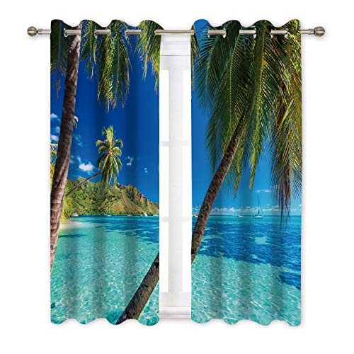 Misscc Grommet Blackout Curtains,Palm Trees on a Tropical Beach with a Blue Sea on Moorea, Tahiti Island,Living Room Bedroom Kitchen Cafe Window Curtains,Window Treatments Drapes 2 Panel Set