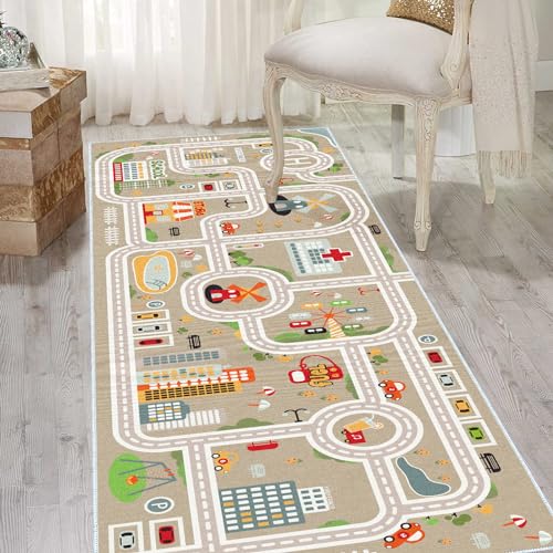 Kids Car Train Rug, 2' x 4' Boys Play Carpet, Floor Mat Playmat for Playroom Bedroom Kids Toddler Room?Non Slip Rug Backing (Grey, 2' x 4')