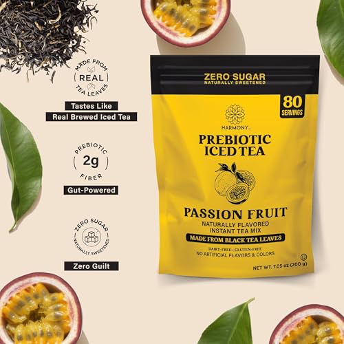 Image of Harmony Passion Fruit Prebiotic Black Iced Tea, 7.05 oz Bag, 80 Servings | Real black tea, Tropical passion fruit flavor, 80 servings per bag, Prebiotic plant fiber, 25 calories, Zero sugar