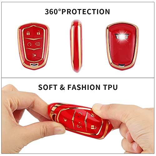 Carfib Key Fob Cover For Cadillac Accessories Ats Cts Ct6 Srx Xts Xt4 Xt5 Escalade 2022 2021 2020 2019 2018 Key Case Holder Car Remote Key Chain Ring Women Tpu Red Gold #TOP2