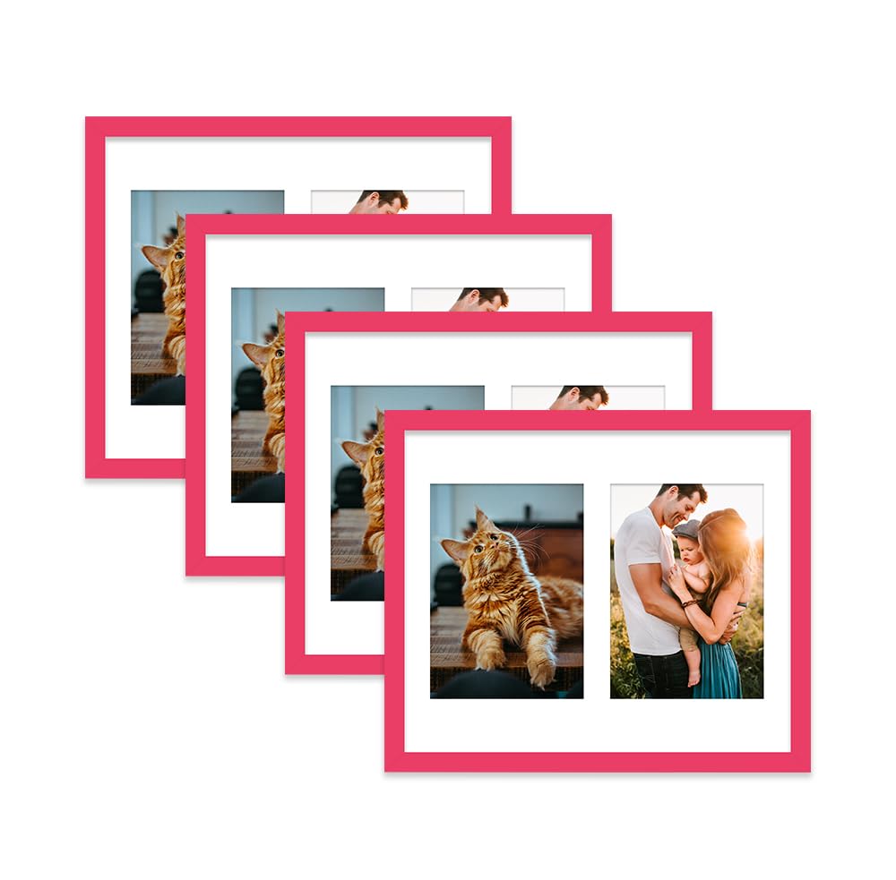 Bright Pink Multi Photo Frame - Holds 2 x 7x5 Pictures, Family Collage Picture Frame for Wall Display, 12x10 Frame size, Set of 4