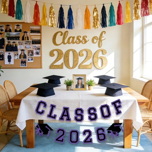 Image of Class of 2026 Graduation Banner University College Grad Garland Decoration Party Supplies High School Colors Purple Black