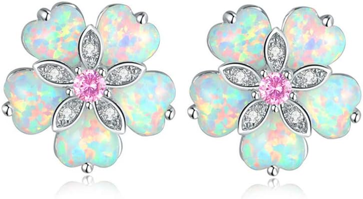 Womens Flower Opal Stud Earrings,Ladies Rhodium Plated Hypoallergenic Jewelry Big Gemstone Earrings 15mm