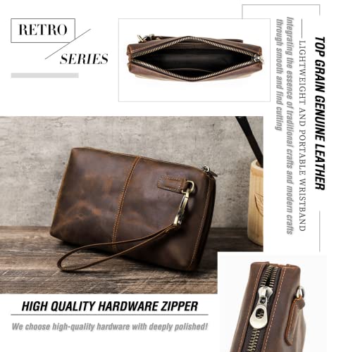 Image of Top Grain Genuine Leather Clutch Wallet with Wristlet for Man & Woman, Handmade Simple Retro Vintage Design, Multi Pockets & Card Slots, RFID Large Capacity for Cards /ID /Checks /Banknote /Phone, Coffee