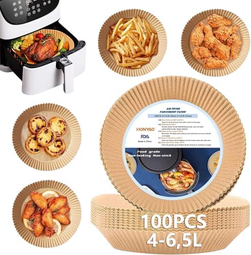 HONYAO Backpapier für Heißluftfritteuse XL 4-6,5 L, Rund 20 cm 100 Stück Pergamentpapier Airfryer Liners, Disposable Paper für Ofen und Air Fryers