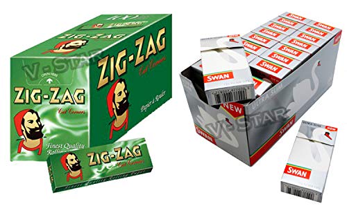 FULL BOX OF ZIG ZAG GREEN ROLLING PAPERS + FULL BOX OF SWAN FILTER TIPS (ULTRA SLIM)