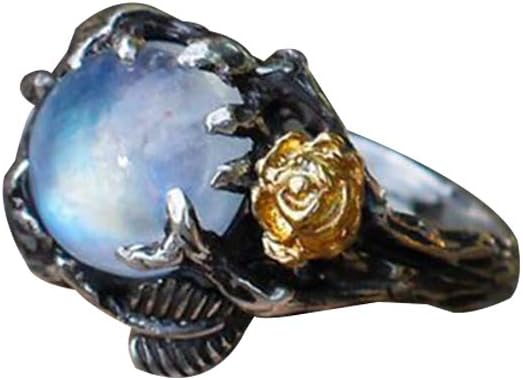 Gsdviyh36 Vintage Round Faux Moonstone Inlaid Rose Leaves Women Ring,Fashion Valentine’s Day Jewelry Party Banquet Charm Decor Gift