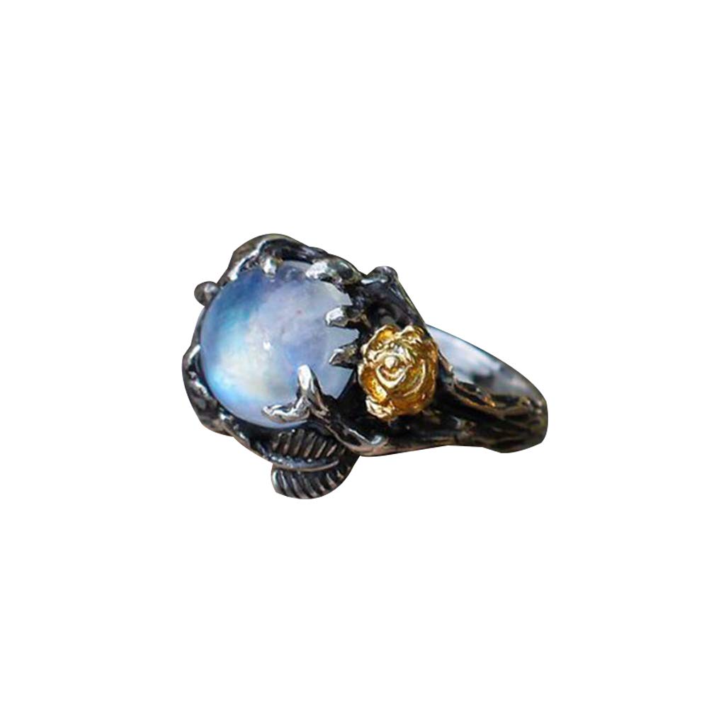 Gsdviyh36 Vintage Round Faux Moonstone Inlaid Rose Leaves Women Ring,Fashion Valentine’s Day Jewelry Party Banquet Charm Decor Gift