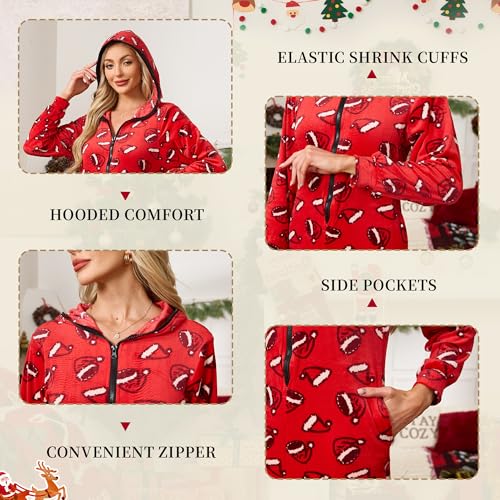 U2SKIIN Matching Pajamas for Couples Onesie, Ultra Soft Plaid Hooded Pjs Set Christmas Zipper for Men and Women Warm Jumpsuit3