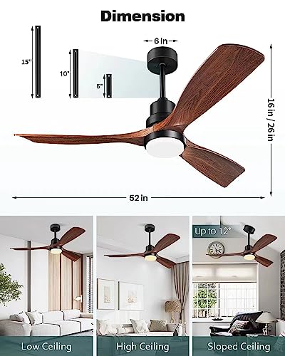 Image of Ceiling Fans with Lights and Remote, 52 Inch Outdoor Ceiling Fan for Patios Indoor with 3 Downrods, 3 Blades Modern Ceiling Fan, 6 Speed Reversible Quiet DC Motor Solid Wood Fan,52in,Walnut