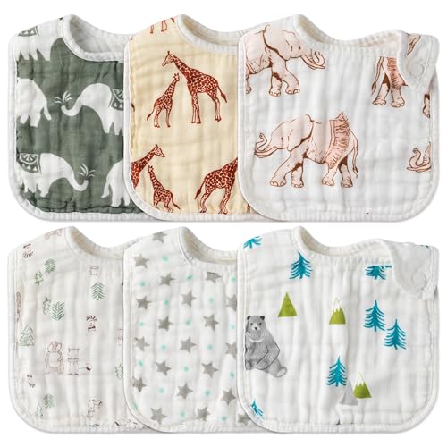 Image of Zainpe 6Pcs Snap Muslin Cotton Baby Bibs Bear Fox Infants Drooling Bib Soft Absorbent Adjustable Burp Cloth Machine Washable Feeding Cloths for Newborn Girl Boy Toddler Teething Eating 0 to 36 Months