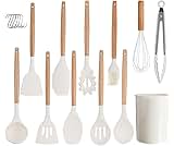 Kitchen Utensil Set 12 PCS Silicone Cooking Utensils Set with Wooden Handle, Heat Resistant, Nonstick Cookware Tongs Spatula Spoon Set Dishwasher Safe Best Kitchen Tools with Holder (White)