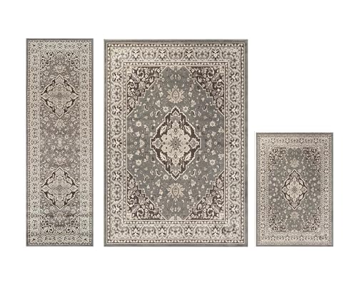 Superior Glendale 3 Piece Indoor Area Rug Set, Jute Back, Oriental Floral Medallion Decor for Hallway, Office, Kitchen, Bedroom, Living Room Floors, Plush Rugs, 2' x 3', 2' 7" x 8', 5' x 8', Grey