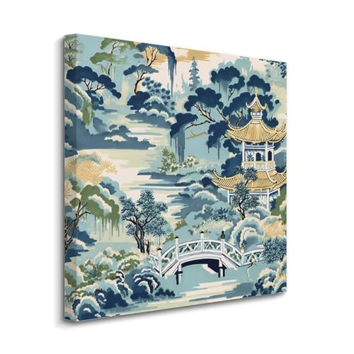 Tableau pagode chinoiserie bleue pour créer un salon zen et élégant