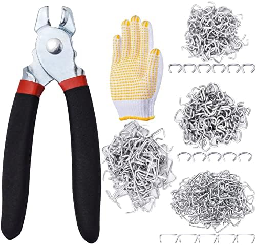 Hog Ring Pliers with 483Pcs 3/4" 1/2" 3/8" 1" Galvanized Hog Rings and Anti-Slip Gloves Perfect for Furniture Upholstery, Auto Upholstery, Cords, Animal Pet Cages, Bagging (Flat Hog Rings Pliers Ki)