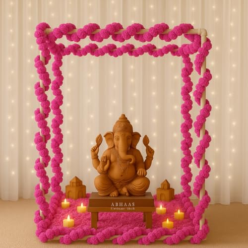 Image of Abhaas Pooja Decoration DIY Mandap Tent Pandal with 5Pcs Marigold Garlands for Ganesh Chaturthi Home Decor Cubical Mandap | Ganesh Chaturthi /Durga Pooja (25Pcs) (Pink, 16Inch Cube)