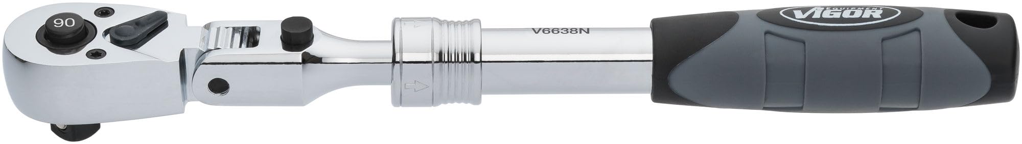 Vigor Telescopic 3/8" Square Reversible Ratchet Handle 250-350mm 180 Degree Swivel Head 90 Teeth 4 Degree Actuation Angle Chrome V6638N