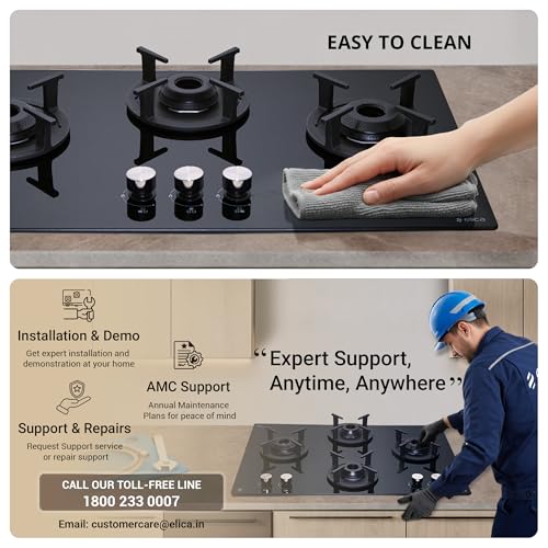 Image of Elica 60cm 4 Burner Auto Ignition Hob | RG FLEXI 460 LOTUS IND HD BRASS | SABAF Brass Burners | Built-in & Freestanding | Toughened Black Glass | 10-Year Burner & 5-Year Glass Warranty