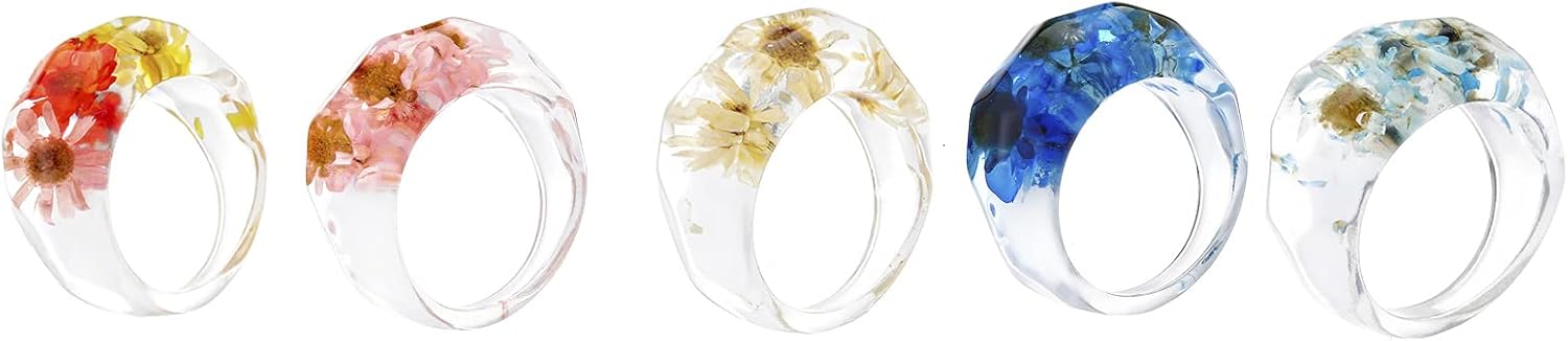 Chunky Acrylic Dried Flower Resin Rings Set Transparent Aesthetic Wide Thick Knuckle Stacking Ring for Women Colorful Beach Colorful Boho Jewelry