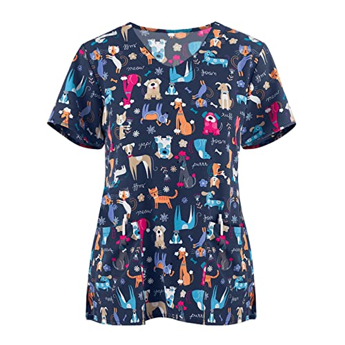 OIOLOYJM Printed Scrub Tops Women V Neck Short Sleeve Plus Size Scrubs for Womens Nursing Uniforms Shirts with Pockets
