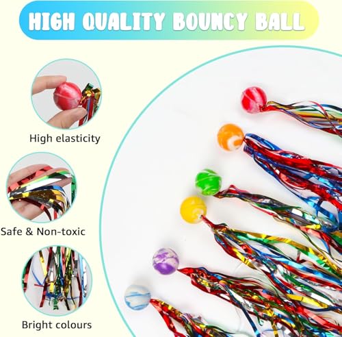 Heyumybit Hüpfbälle für Kinder,20 Stück Springball mit Farbige Bänder,Hüpfbälle Springball,Gummiball Spielzeug,Elastisch Bälle für Kindergeburtstage Draussen Spielzeug