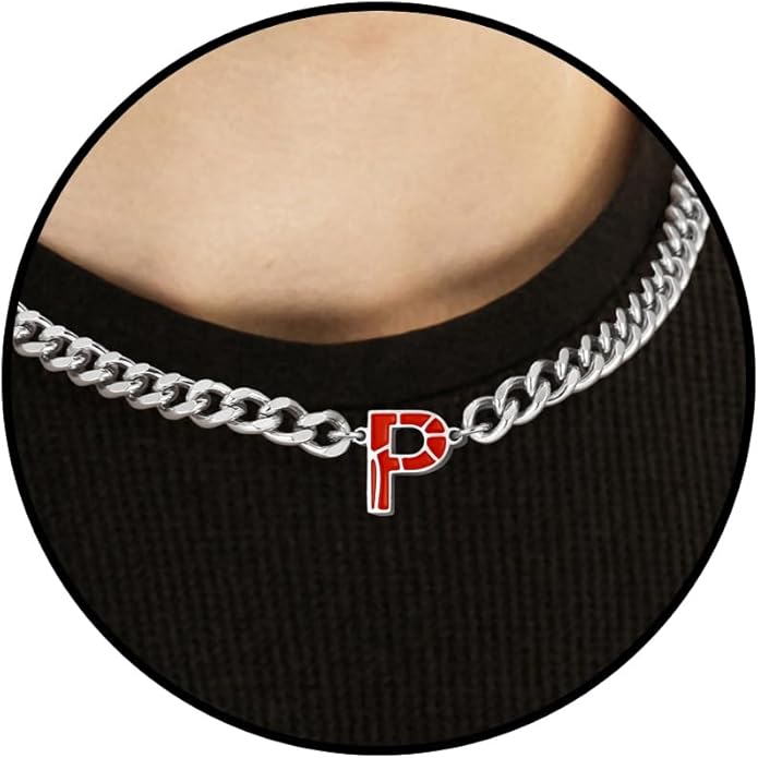 Basketball Necklaces for Boys Stainless Steel Initial Necklace with Letter A-Z 6.5mm Cuban Chain Adjustable Gifts for Men Boys 16+2 Inches