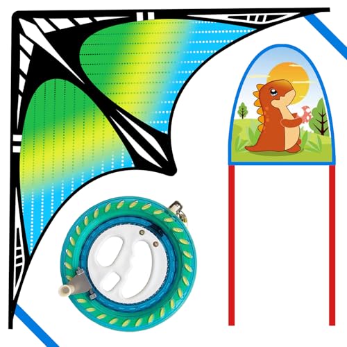 FejoHify Large Delta Kite and Reel Winder and Thumb Ejection Kite Set, Easy to Fly - 7.1’’ Wheel with 650ft String for Kids and Adults, Single Line, Perfect for Beginners. (Green)