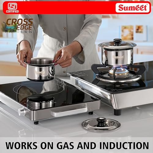 Image of Sumeet ISI Certified HeavyPly Premium Stainless Steel Cross Edge Induction & Gas Stove Friendly Patila /Bhagona /Container /Tope /Cookware Set of 3 Pcs with Lids - 1150ml / 1400ml / 1900ml