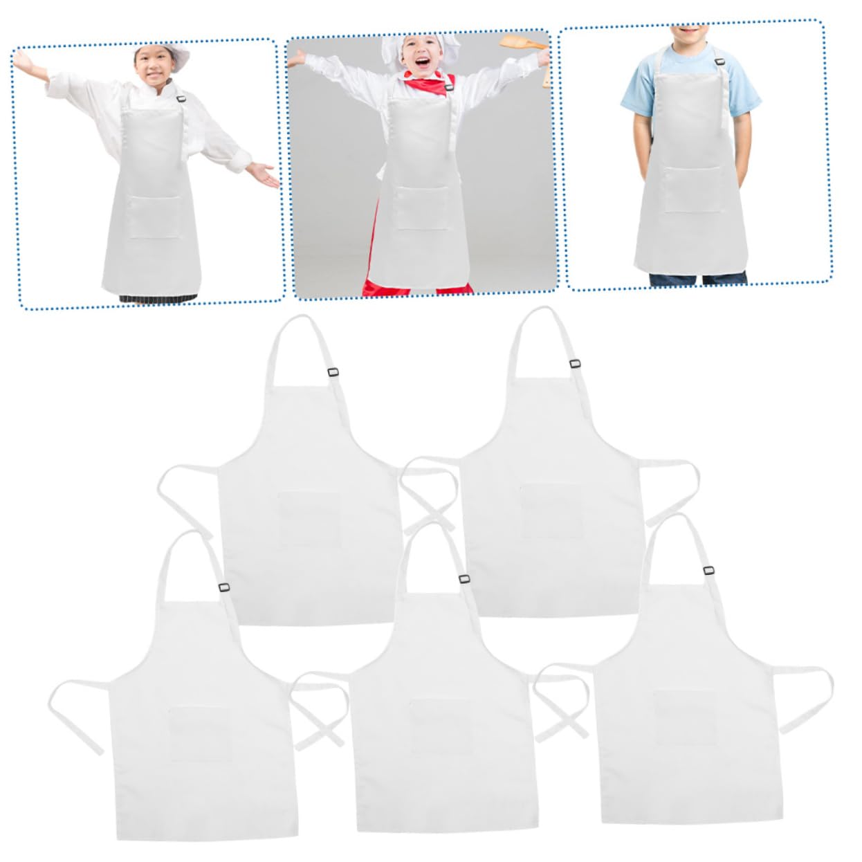 Delantal de Poliéster Blanco Ajustable Reutilizable y Resistente al Desgaste, 5 Piezas, de Pintura Infantil, Adecuado para Manualidades y Dibujo