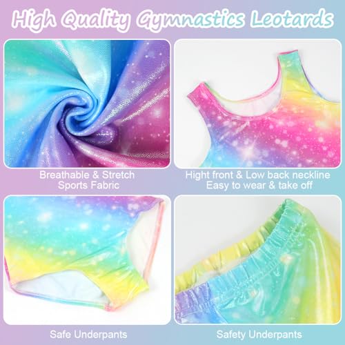 AOOWU Mädchen Dreiteilige Gymnastikanzüge, Glitzernde Gymnastikanzug, Ärmelloser Gymnastik Set mit Shorts und Haarband, Balletteinheitstrikots- Gymnastik Outfit Sternenlicht-Regenbogen für 3-12 Jahre