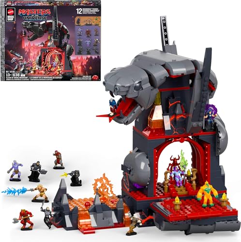 Mattel Brick Shop Masters of the Universe Building Set, Clash at Snake Mountain with 636 Pieces and 12 Figures, Skeletor and He-Man, Ages 13+