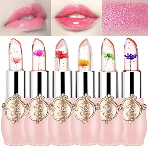Deepmind 6 Pcs Crystal Flower Jelly Lipstick Magic Lip Color Changing Lip Balm PH Clear Temperature Color Changing Lipstick Long Lasting Nutritious Moisturizing Lip Gloss (Pink)