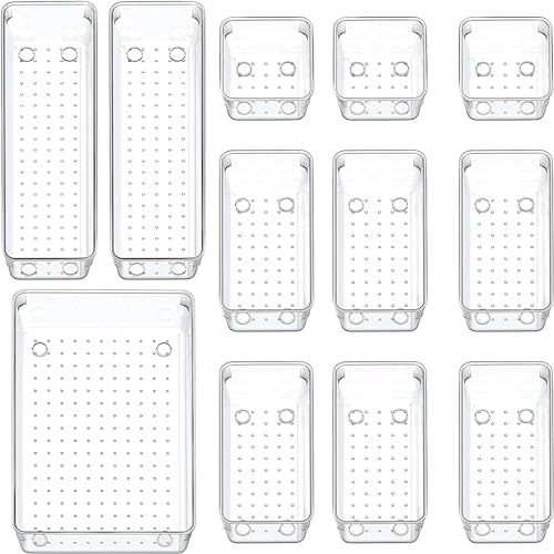 Image of Clear Plastic Drawer Organizers Set, 4-Size Versatile Bathroom and Vanity Drawer Organizer Trays, Storage Bins for Makeup, Bedroom, Kitchen Gadgets Utensils and Office (12 PC NEW SET)