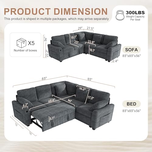 Image of Hanherry Sectional Sofa with Pull Out Couch Bed, 5 Seats Corduroy Sleeper Sofa with 2 Seat Storage & USB Charging,Comfy L Shaped Modular Couches for Living Room,Apartment