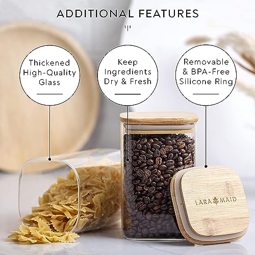 Image of MARTVIA Glass Food Storage Jars with Bamboo Lids 1200ml Set of 2, Wide Mouth Lid Jar for Home Kitchen,Flour, Sugar, Coffee, Pasta, Oats, Grains, Cookies, Snacks (Sqaure 1200 ML Jar, SET OF 2)