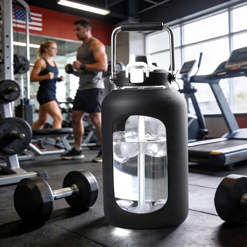 Image of WINSA 100 oz Glass Water Bottle with Straw, 3 Liter, Black | Gallon Drinking Bottle with Handle, Large Glass Water Jug, Silicone Sleeve for Gym Sports, Wide Mouth