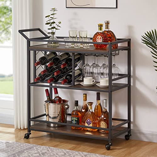 Fatorri Bar Cart For The Home With Wine Rack And Glasses Holder, Industrial Liquor Serving Carts On Wheels, Rustic Wood And Metal Coffee Cart And Drink Trolley For Dining Room, Kitchen (Walnut Brown) #TOP1