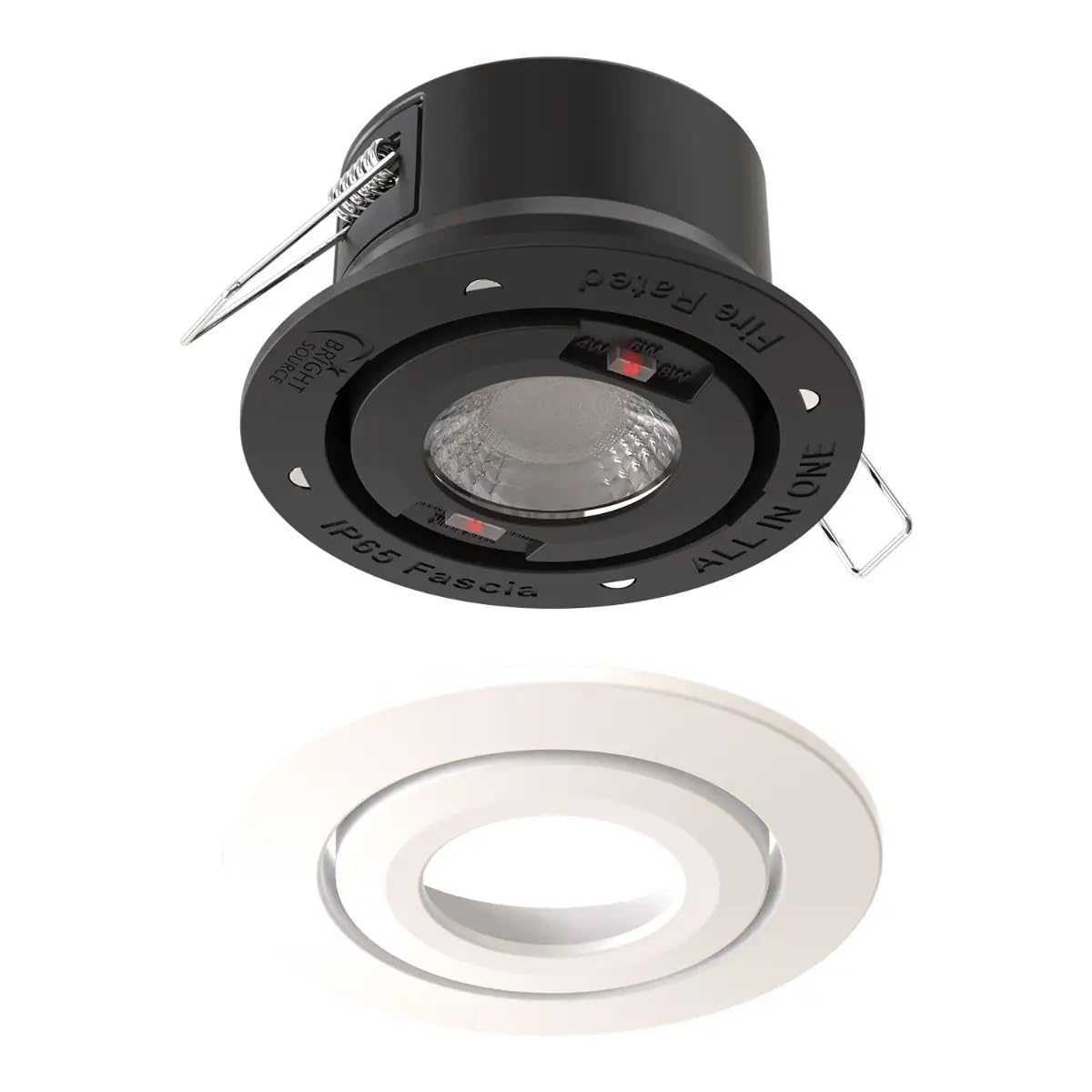 Bright Source All in One Integrated LED Spot Downlight, TRIAC Dimmable, IP65, 3 Wattage Settings 4W/6W/8W, Switchable Colour 2700K 3000K 4000K 6000K Warm Cool Daylight, White Bezel, Tilt Function