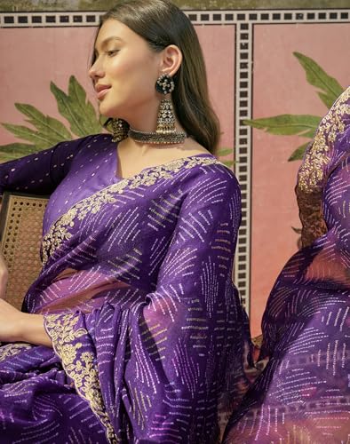 Image of SIRIL Women's Chiffon Scalloped Border Sequins Embroidery Saree with Unstitched Blouse Piece