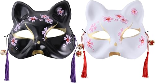 Didiseaon 2 máscaras Kitsune Fox máscaras de plástico pintadas a mano para cosplay, máscaras de animales de gato, máscaras japonesas para fiesta de