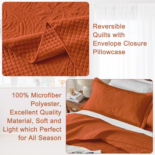 Image of Qucover Alaska King Bedspread, Extra Wide Oversized King Bedspread 132x 120, 3 Piece Soft Microfiber Lightweight Oversized King Quilts Set, Vintage Persian Pattern, Burnt Orange