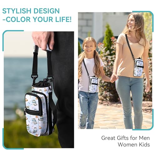 AUPET Water Bottle Sling Bag Sleeve Holder Carrier 25/32/40/64 oz,Insulated Crossbody Water Bottle Case Cover with Strap and Pockets for Men/Women Walking Hiking (Cute Cat Dessert, 25oz)