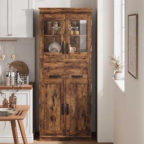 GAOMON 67" Tall Bathroom Cabinet with 4 Doors & Flip Glass Drawer, Storage Cabinet with Adjustable Shelves, Freestanding Organizer for Kitchen, Pantry, Living Room (Rustic Brown)