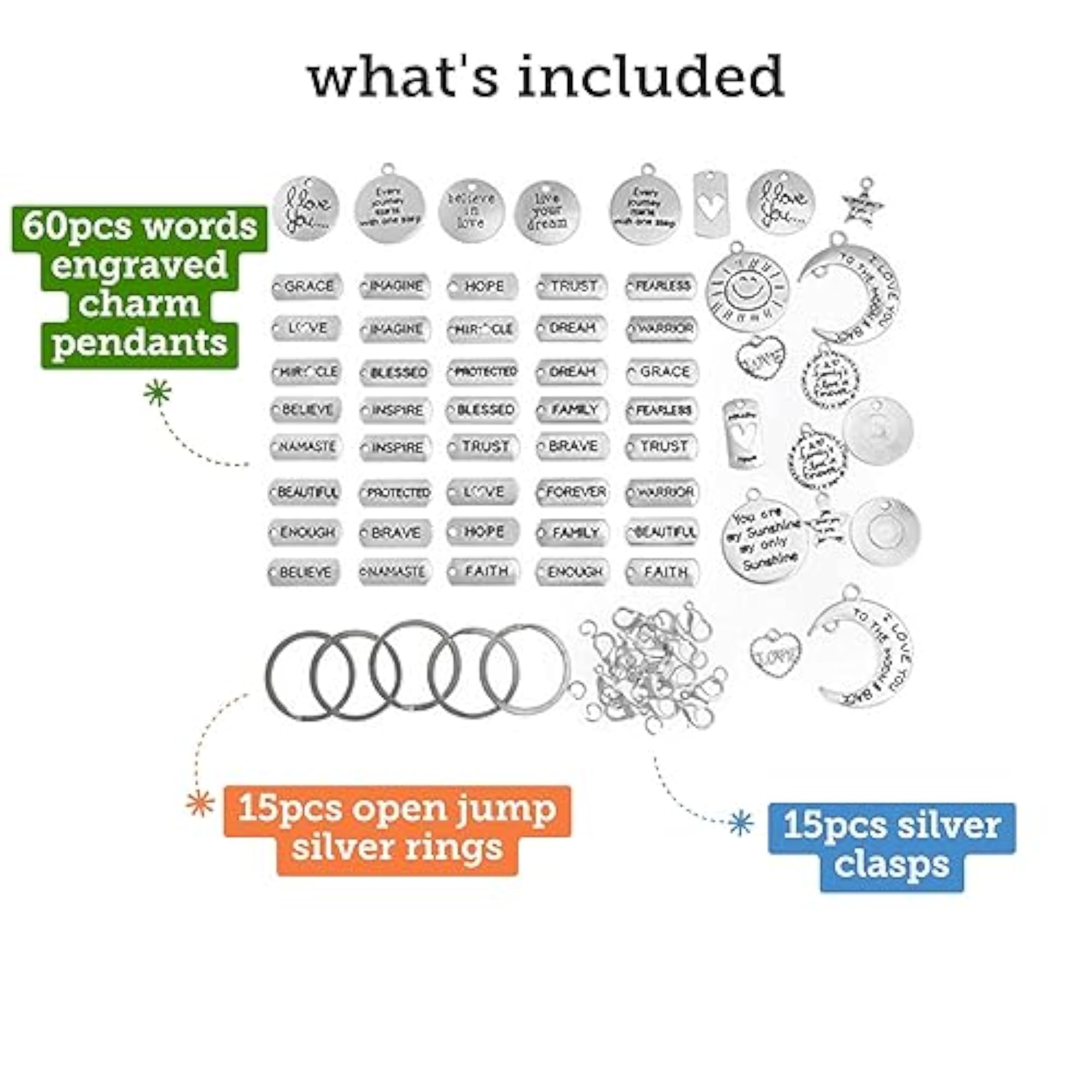 Word Charms for DIY Bracelets and Keychains, 60pcs Pack