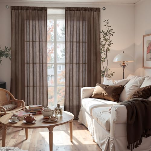 Image of BGment Brown Linen Curtains 84 Inch Length for Living Room, Semi Sheer Window Drapes Lightweight Rustic Textured for Farmhouse Bedroom Office Decor Rod Pocket, 2 Panels Set, Each 42 Inch Wide