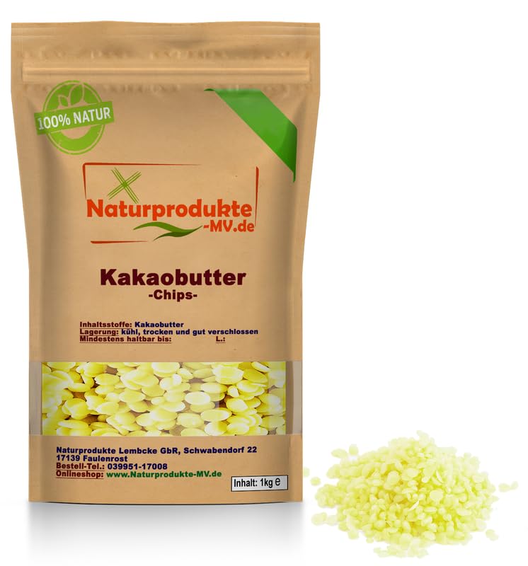 Kakaobutter Chips 1 kg für Schokolade und zum Backen Kakao Butter Chunks Nibs Theobroma cacao kaltgepresst 1000 g 1kg Lebensmittel & Getränke