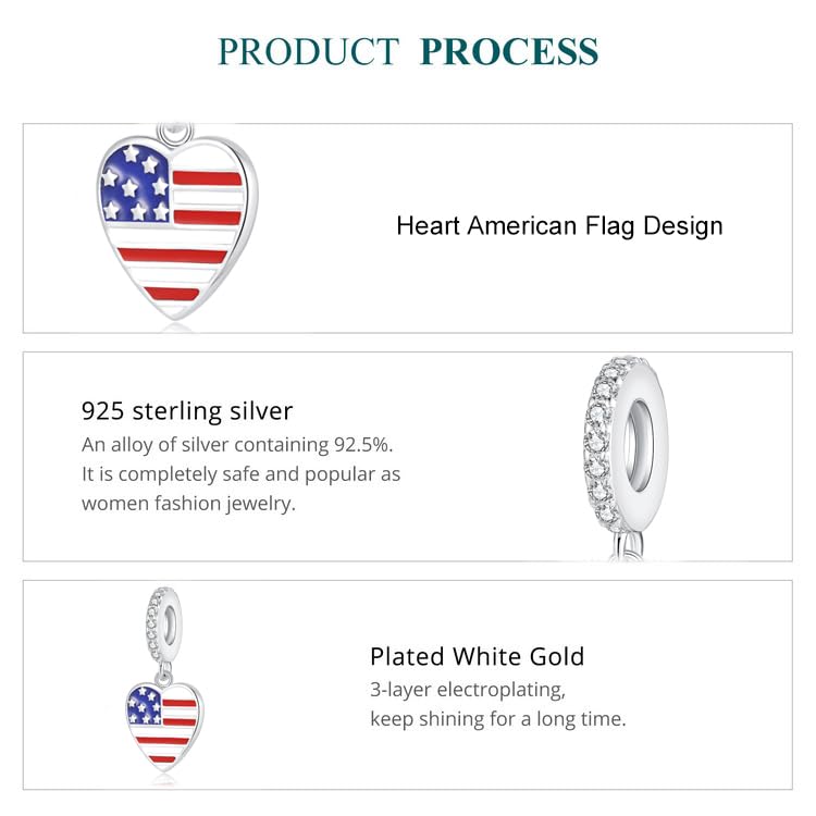 American Flag Charms for Pandora Bracelets - Sterling Silver Patriotic Dangle Charm fit Bracelet and Necklace 4th of July Pendant Independence Day Jewelry Gifts4