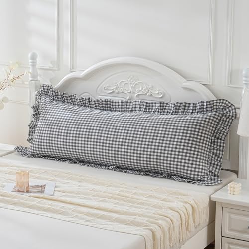 Grey/White Plaid Ruffled Checkered Body Pillow Sham 20x54 inches 1 Piece, Washed Cotton Vintage Farmhouse Bed Body Pillow Cover for Bed/Sofa