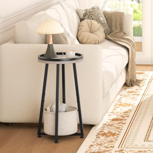 Image of HOOBRO Small Round Side Table, 2-Tier Round Sofa End Table, Compact Nightstand with Cotton Linen Storage Basket, for Small Space, Living Room, Bedroom, Dorm, Greige BG183BZ01