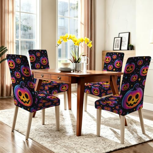 Image of Halloween Neon Pumpkin Dining Chair Covers Set of 4 Slipcover